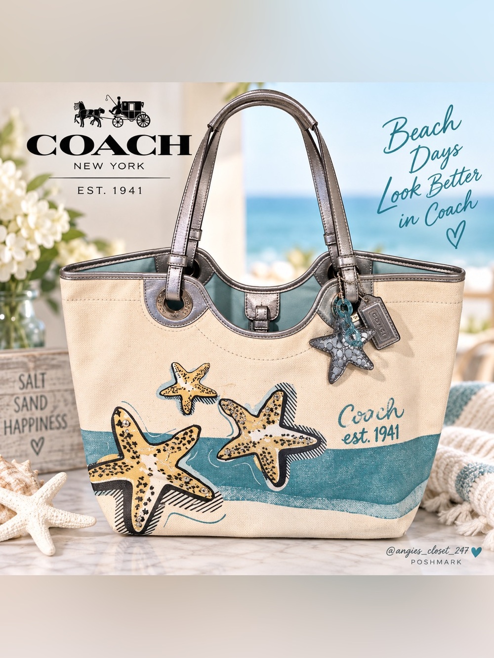 Rare Coach F19212 Starfish Beach Tote Canvas Teal Silver 2012